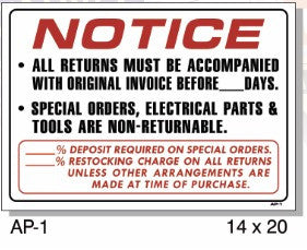 NOTICE ALL RETURNS MUST BE WITH ORIGINAL INVOICE AP-1