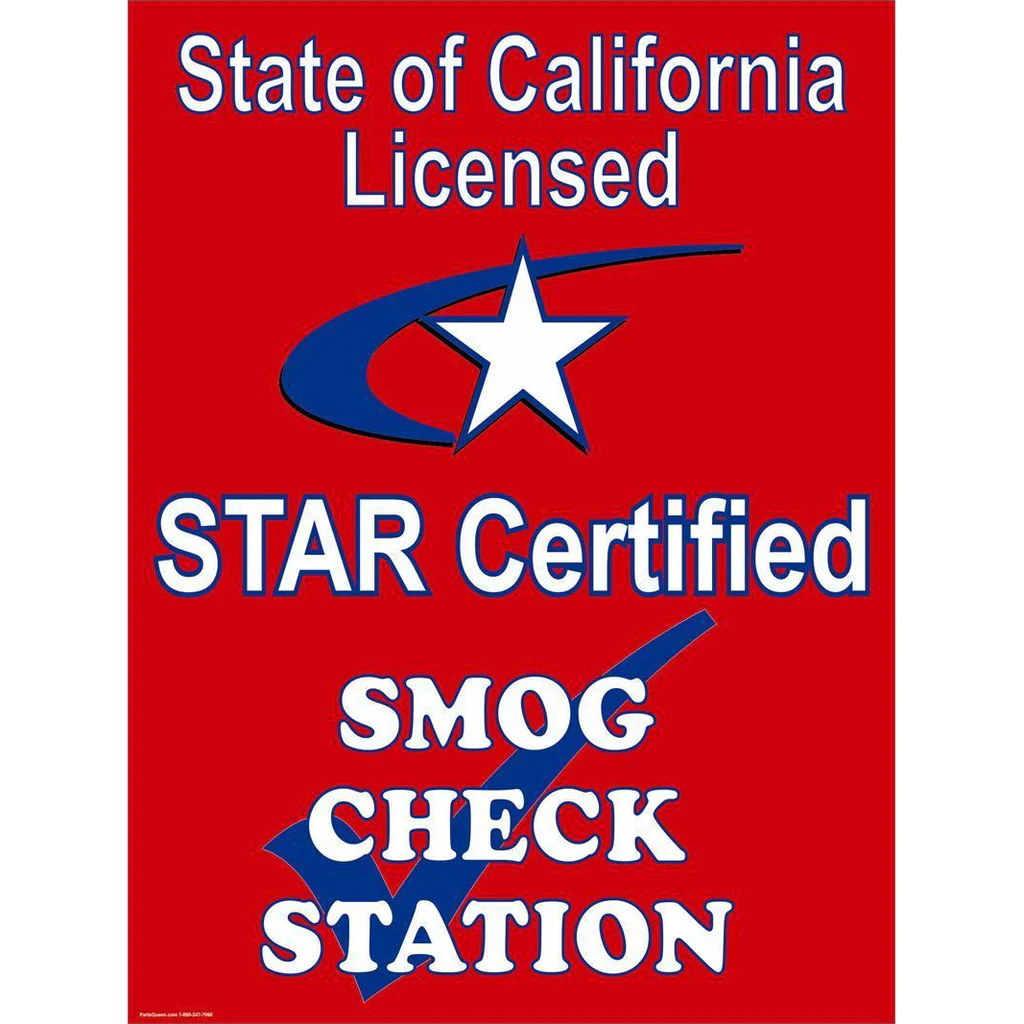 STAR CERTIFIED SMOG CHECK SIGN, RED, METAL, DOUBLE SIDED