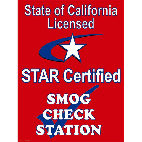 STAR CERTIFIED SMOG CHECK SIGN, RED, METAL, DOUBLE SIDED