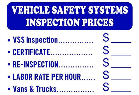 VEHICLE SAFETY SYSTEMS INSPECTION PRICES SIGN