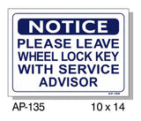 Please Leave Wheel Lock Key With Service Advisor Sign, AP-135