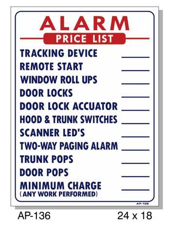 Alarm Price List Sign, AP-136