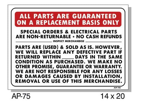 All Parts Guaranteed Sign, AP-75