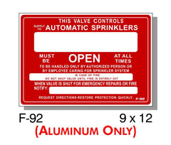 FIRE PROTECTION SIGN, VALVE CONTROLS AUTO SPRINKLERS, ALUMINUM