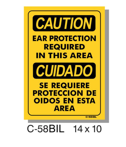 CAUTION SIGN, BILINGUAL, EAR PROTECTION REQUIRED, PLASTIC, 10" X 14"