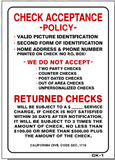 CHECK ACCEPTANCE POLICY-RETURNED CHECKS SIGN, CK1