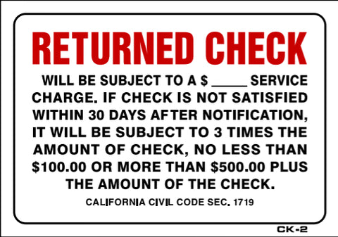 Returned Checks Sign, CK2