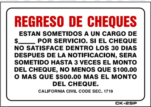 Returned Checks Sign in SPANISH, CK2sp