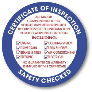 Certificate of Inspection Sticker Smogchecksupplies.com 1-877-438-7761 ...