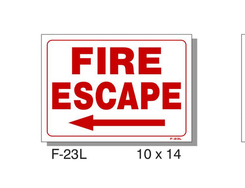 FIRE PROTECTION SIGN, FIRE ESCAPE LEFT ARROW, PLASTIC, 10" X 14"