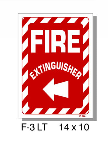 FIRE PROTECTION SIGN, FIRE EXTINGUISHER LEFT ARROW, PLASTIC, 14" X 10"
