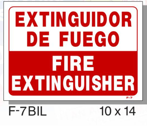 FIRE PROTECTION SIGN, BILINGUAL, FIRE EXTINGUISHER, PLASTIC, 10" X 14"