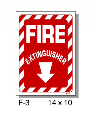 FIRE PROTECTION SIGN, FIRE EXTINGUISHER DOWN ARROW, PLASTIC, 14" X 10"