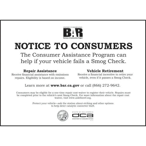 NEW!! 2022 NOTICE TO CONSUMERS SIGN | Smogchecksupplies.com