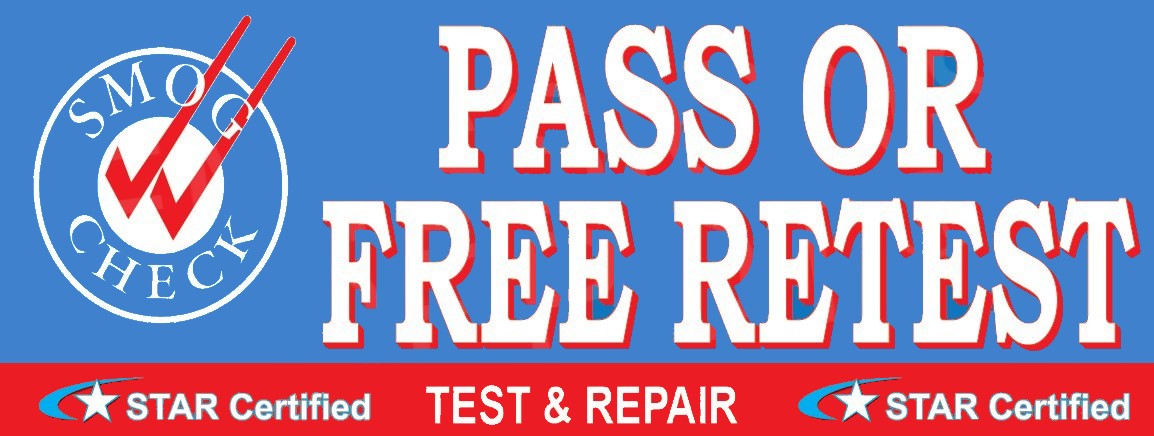 Pass Or Free Retest | Test and Repair | Smog Check on Left | Star Certified | Vinyl Banner