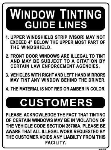 Window Tinting Guide Lines Sign, AP-32, Smogchecksupplies.com ...