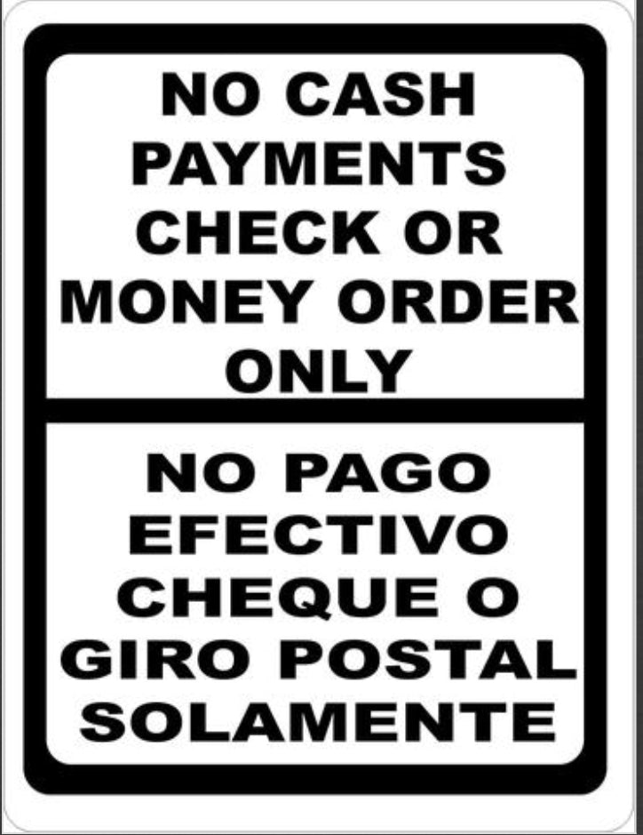 Bilingual No Cash-Checks or Money Orders Only Sign