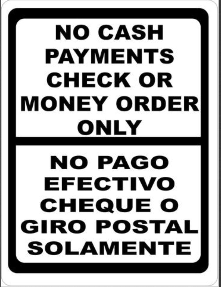Money Order Only Sign Bilingual No Cash-Checks or Money Orders Only Sign | Smogchecksupplies.com