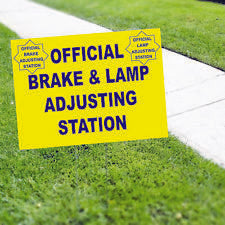 Official Brake & Lamp Adjusting Station Yellow+Blue Yard Sign