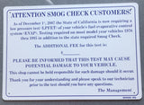 EVAP TEST PRICE SIGN, WITH COST & DAMAGE WARNING SMOG-25